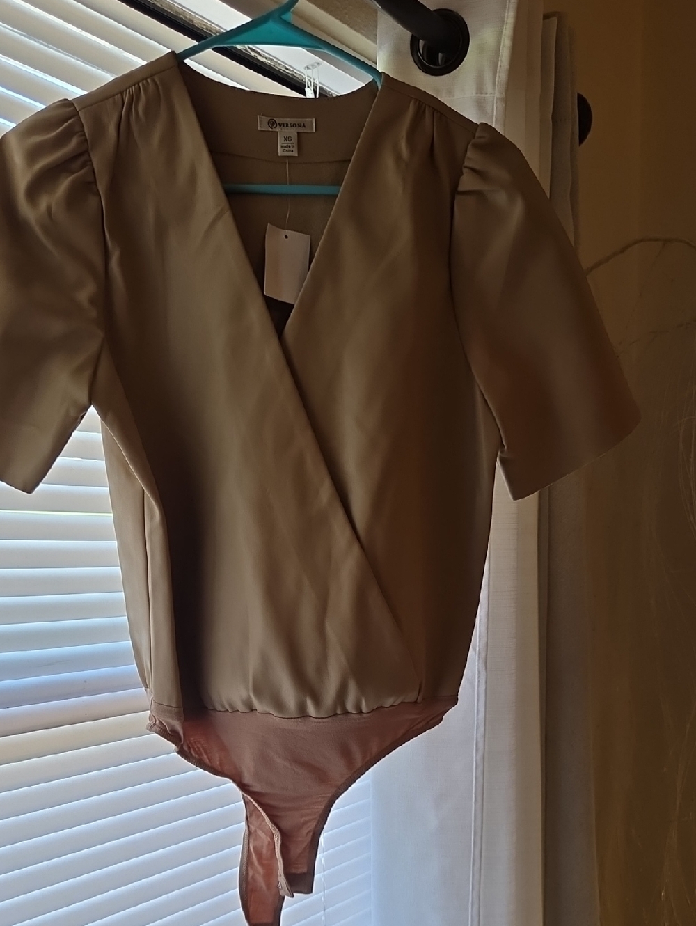 Versona Beige Wrap-Front Bodysuit Top